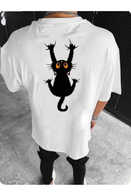 Back Cat Printed Unisex Oversized White T-Shirt