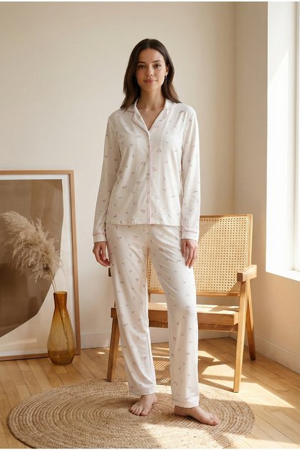 Kadın Çiçek Desenli Uzun Kollu Alt Üst Pijama Takımı 776