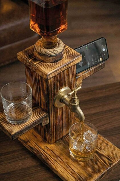 MiniVagon Doğal Ahşap Telefon Standlı Viski Çeşmesi Musluklu İçki