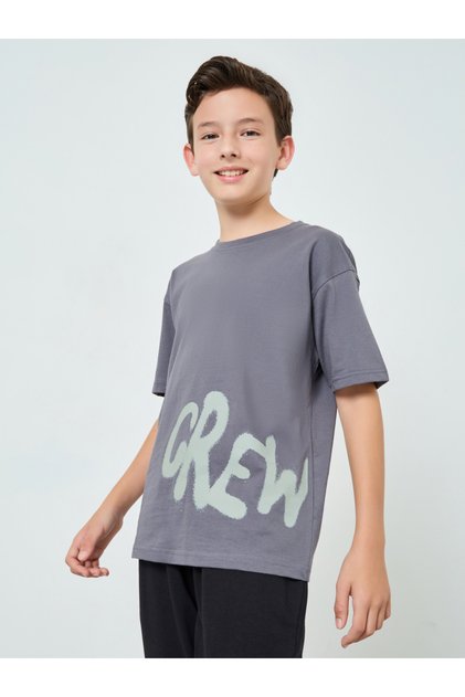Boys Grey Graphic Print Cotton Oversized T-Shirt
