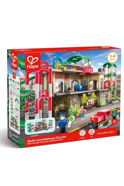 Set de trenuri, Hape, Set de trenuri urbane cu mai multe etaje, 58 de piese