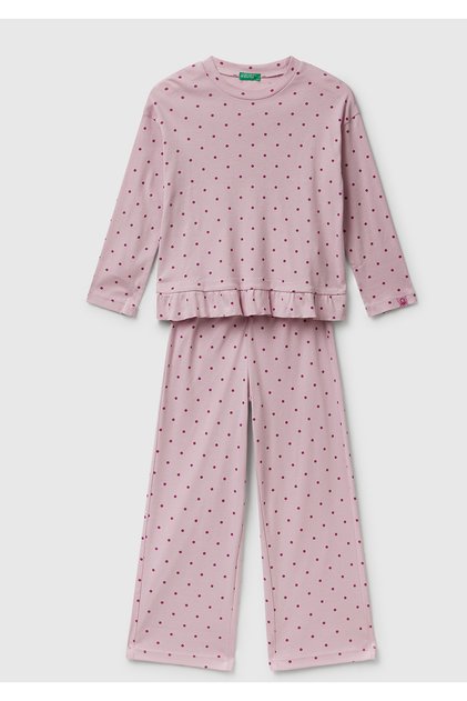 Girl's Pale Pink Patterned Ruffle Detailed Pajama Set