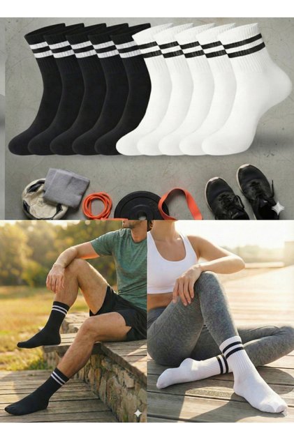 Mixed Pack of 10 (5 Black, 5 White) Striped College Tennis Socks