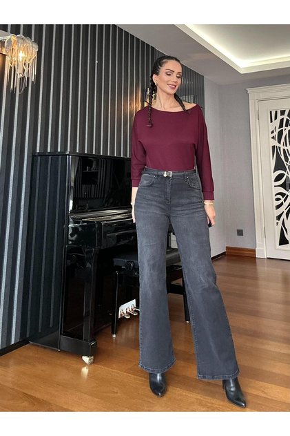 Anthracite High Waist Palazzo Denim Trousers