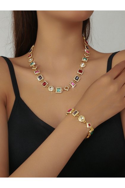 2-Piece Colorful Rhinestone Detail Necklace With Bracelet Jewelry Set