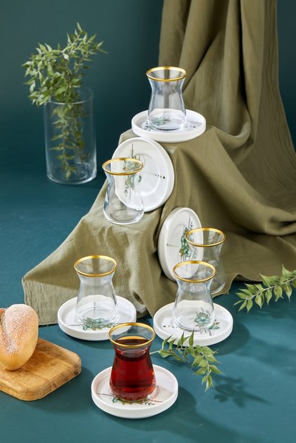 Pera Green Gold Decorated 12 Piece Tea Set for 6 People, Tea Set