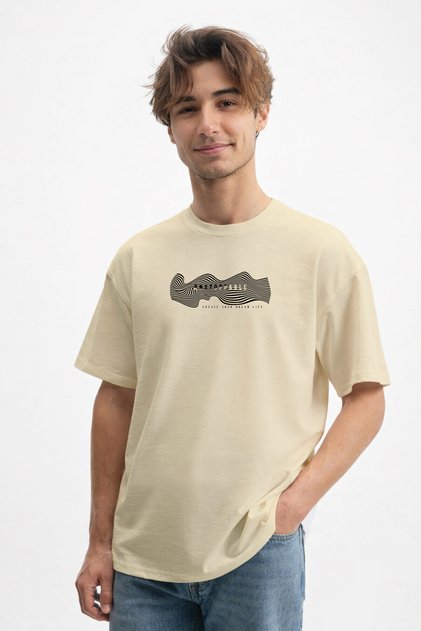 Men's Hypnotic Stripe Patterned Crew Neck Beige T-Shirt