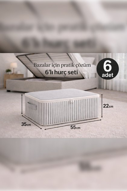 6 Adet- Antrasit Çizgili Orta Boy Baza Altı Ve Çekyat Tipi Hurç 55x 35 x 22 Cm