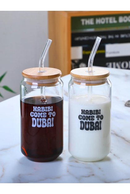 Set of 2 -Habibi Come to Dubai Borosilicate Sipper Glasses, 550ml
