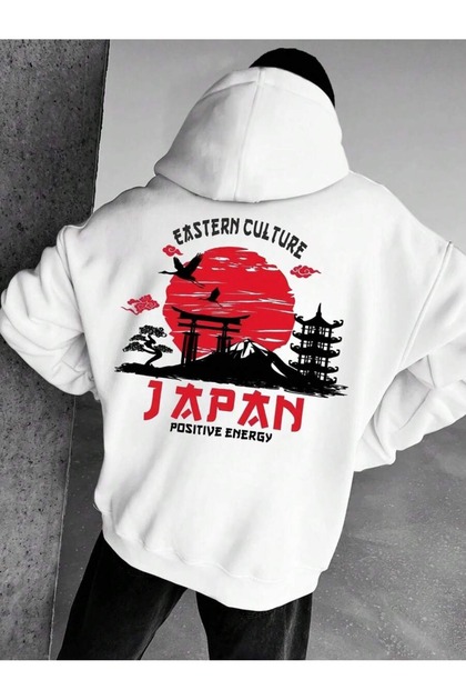 Men's White Eastern Japan Printed 3 Thread Oversized Hoodie Sweatshirt