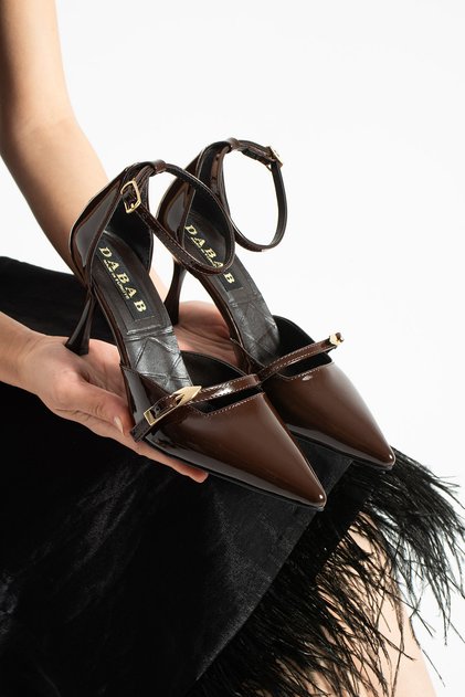 Elvora Women's Bitter Brown Pointed Toe 7 cm Thin Heeled Ankle Strap Buckle Patent Leather Classic Shoes