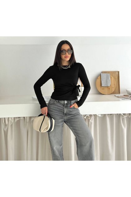 Long Sleeve Modal Fabric Blouse with Tie Detail