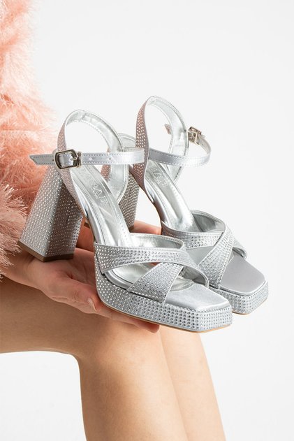 Lumera Women's Silver Stone 11cm Platform Heeled Cross-Strap Evening Dress Sandals Shoes