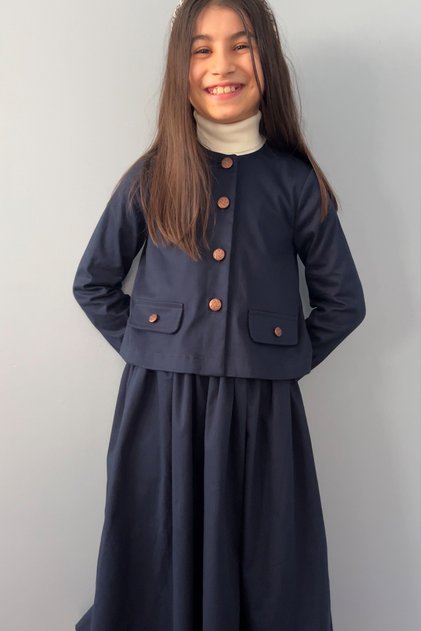 Girl's Navy Blue Cotton Gabardine Jacket and Drawstring Midi Skirt Set