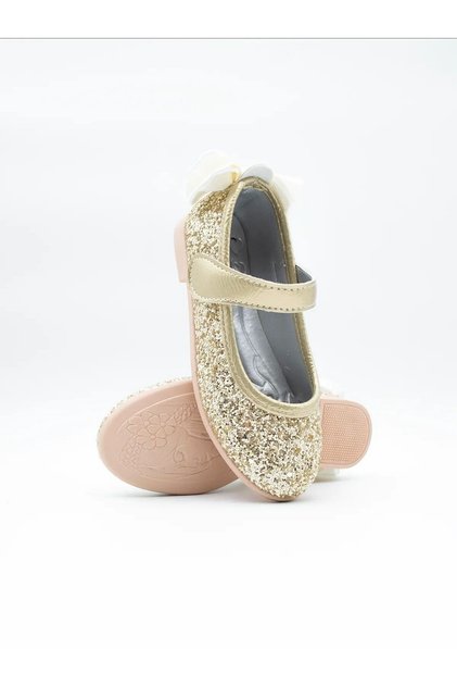 Girl's Glittery Velcro Bow Detailed Ballerina Flats