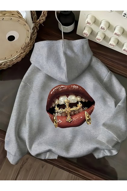Unisex Lip Print Hooded Kangaroo Pocket Comfortable Fit Oversize Cut Sweatshirt