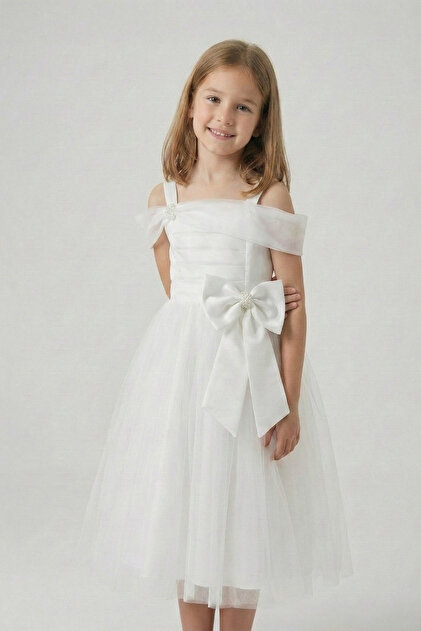 FATELLA Girl's White Satin & Tulle Detailed Evening Dress with Bow at the Waist, Puffy Model, April 23 & Graduation Evening Dress- Trendyol FATELLA Girl's White Satin & Tulle Detailed Evening Dress with Bow at the Waist, Puffy Model, April 23 & Graduation Evening Dress- Trendyol