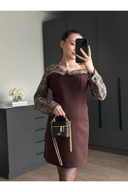 Asymmetric Collar Plaid Detailed Dress