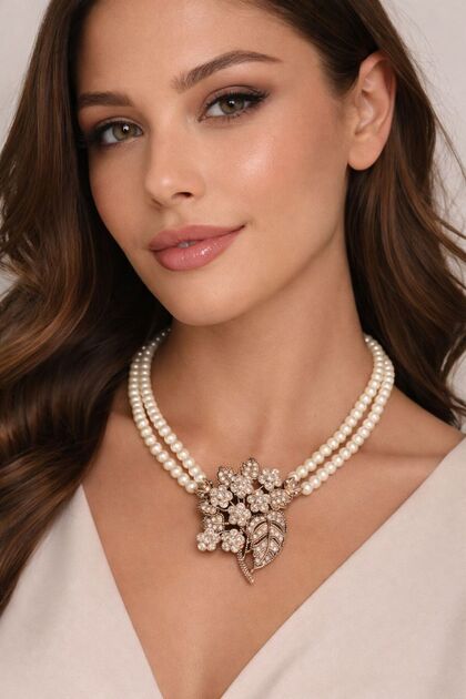 Çift Sıre İnci Kolye – Vintage Double Pearl Necklace – Luxurious Style with Crystal Flower and Leaf Design