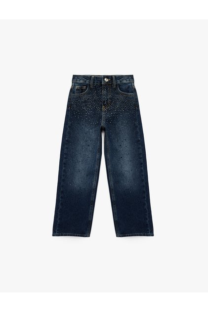 Cotton Stone Detailed Wide Leg Denim Trousers