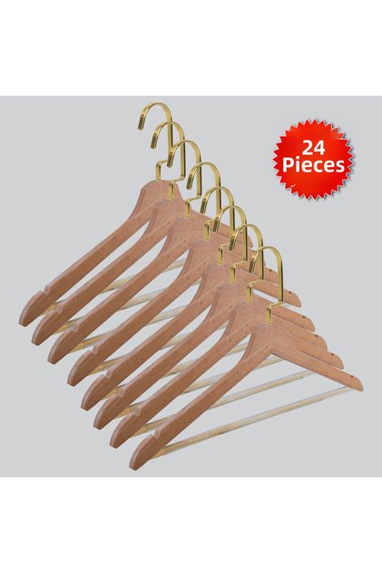 Wooden (Lama Gold Hook) Bar Hangers for Shirts and Trousers, Natural Color, 24 Pieces