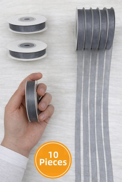 10 Pieces of Organza Tulle Ribbon Gray 1 cm 22 Meters, Bundle, Engagement, Dowry, Gift, Packaging, Decoration, Wedding