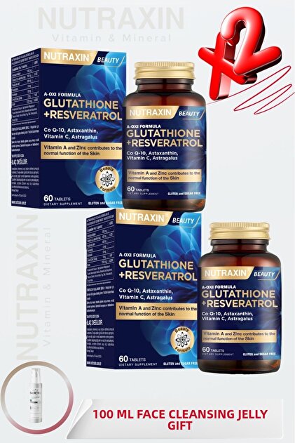 resveratrol and glutathione Nutraxin A-Oxi Formula Glutathione+Resveratrol 60 Tablets (X2) + 100 ml  Face Washing Gel Gift- Trendyol