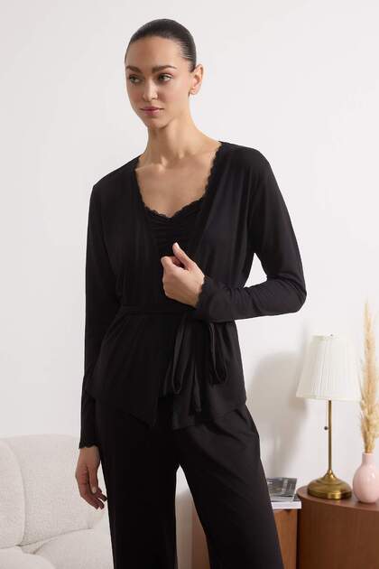 Trendyolmilla Siyah 3'lü Dantelli Viskon Örme Pijama Takımı