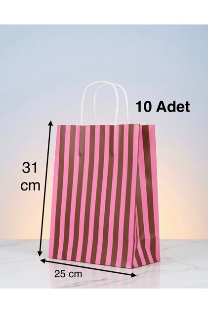Çizgili Pembe Ve Kahverengi Çizgili Kraft Çanta 25x31Cm 10Adet Hediye Poşeti,Hediye Paketi Kraft Kağıt Çanta