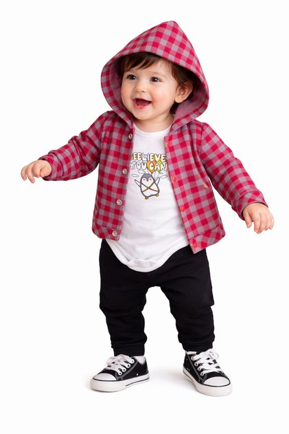Baby Boy Hooded Checkered Shirt Jacket Printed T-Shirt Bodysuit Tracksuit Bottoms 3-Piece Set