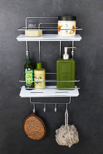 Economical Chrome Adhesive Bathroom Organizer with Crystal Shelf Double Wire Shampoo Holder Shower Shelf