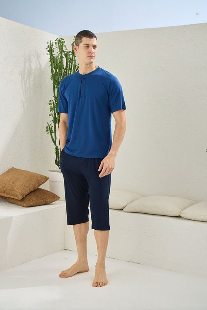 Modal Cotton Collar Three Button Large Size Short Sleeve Men's Capri Pajama Suit