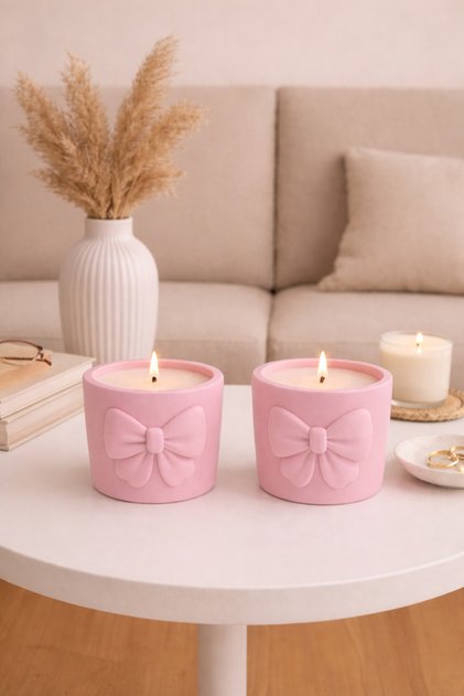 2 Li Pastel Kurdele Motifli El Yapımı Mum
