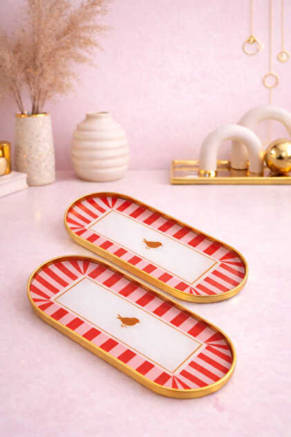2-Person Gold Presentation Serving Tray Bird Lovely Birds Patterned Decorative OVAL Tray