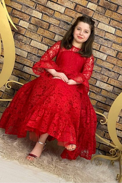 Kırmızı Dantelli Çocuk Abiye Elbise Aby0023