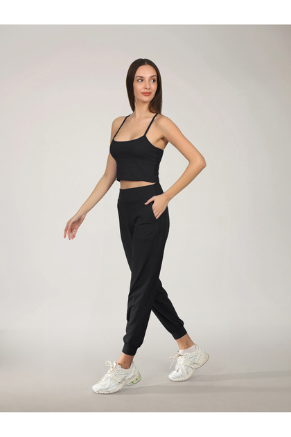 Ultra Yumuşak Kadın Çift Cepli Yüksek Belli Siyah Jogger Eşortman Altı