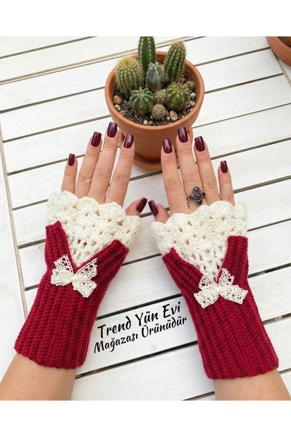 Hand Knitted Fingerless Gloves (Cherry Rot Color)(S-M-L) Knitted with Cotton Yarn