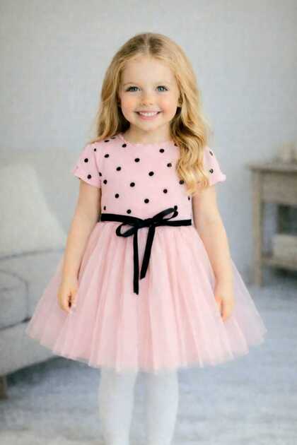 Linda Short Sleeve Girls Princess Fluffy Powder Pink Dress Polka Dot Stretchy Lycra Tutu Dress