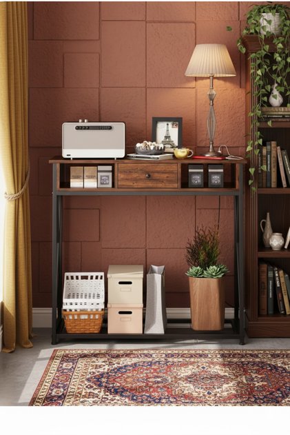 Console Table, Wooden and Iron, 1 Drawer and 2 Shelves, Dark Gray Wood with Dark Frame EI-301