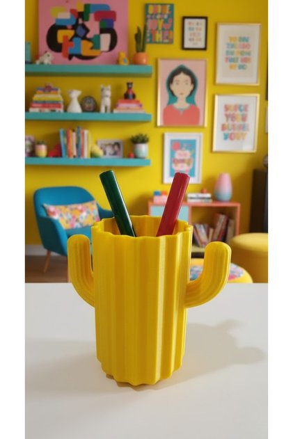 Cactus Shaped Pen Holder | 4 Color Table Layout Accessory Made of Pla