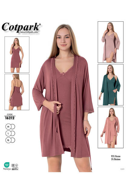 Women's Viscose Combed Cotton Fabric Lace Dressing Gown Set / Tile 16212