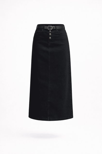 Natural Fabric Belted Denim Skirt Black