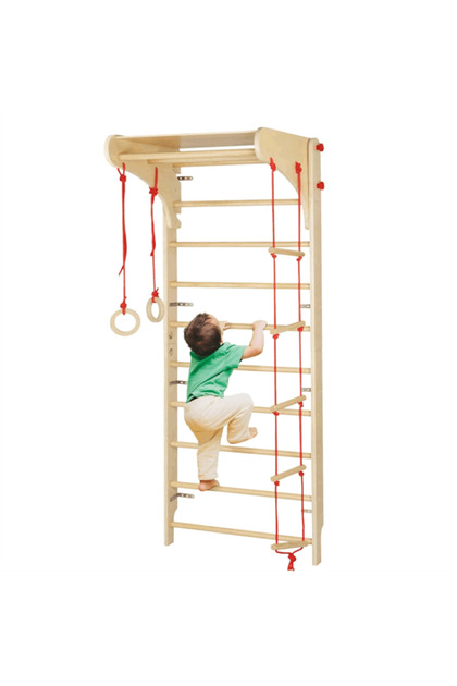 Set spalier gimnastică cu Bara/Inele/Scară de cățărat, Reglabil, din lemn/placaj pentru copii +3 ani