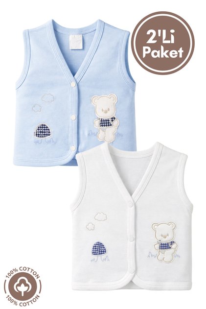 Baby Boy Mushroom Teddy Bear Embroidered Organic Cotton 3-6-9 Months 2-Piece Combed Cotton Baby Vest - Blue