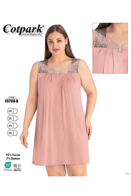 Women's Viscose Combed Cotton Fabric Plus Size Lace Detailed Nightgown / Powder - - B 10708