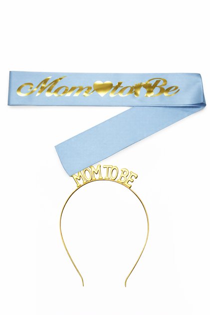 Mom To Be Metal Crown And Sash & Baby Shower Set & Blue Gold Sash Gold Crown