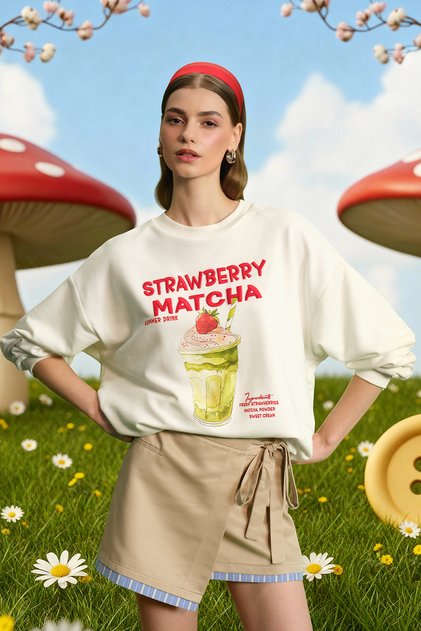 Matcha Printed Oversized Sweatshirt Ecru