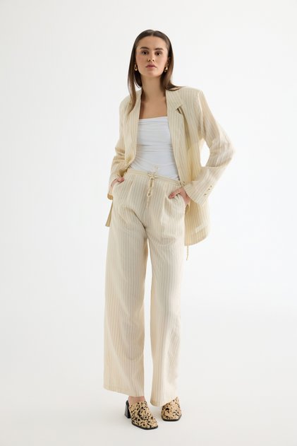 Striped Lace-Up Wide-Leg Trousers Ecru