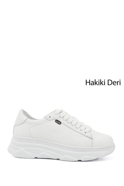 Kadın Beyaz Bağcıklı Dolgu Taban Hakiki Deri Sneaker