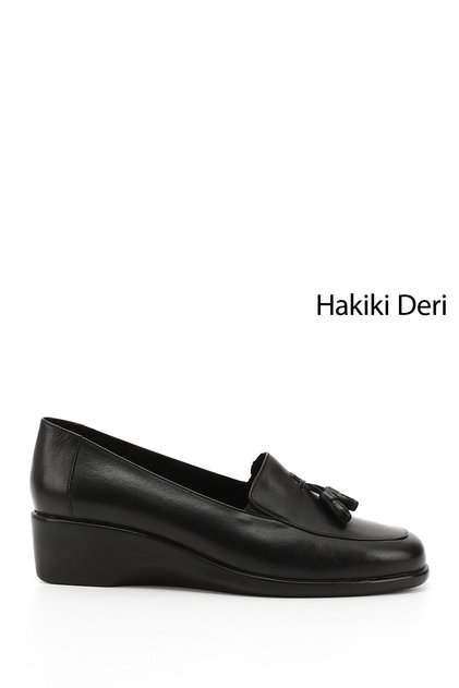 Women's Black Wedge Sole Tasseled Genuine Leather Shoes